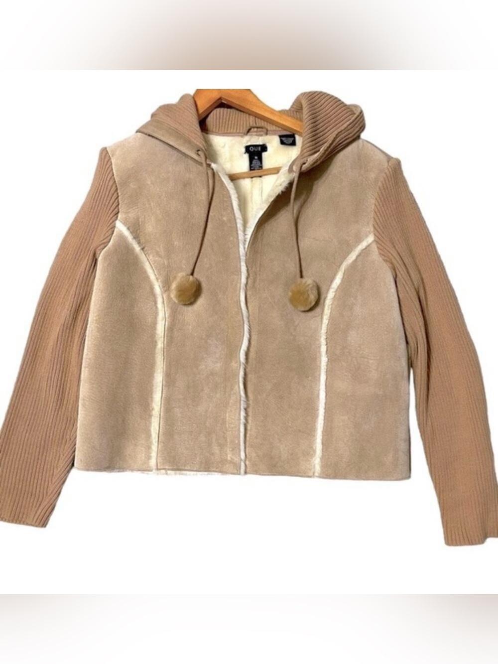 Vintage Que Tan Leather Shearling Jacket with Pom Pom Drawstrings Size Large